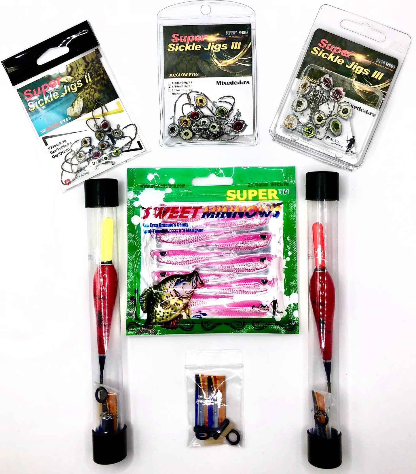 ACOCA #2 SUPER™ Crappie's Combo For Beginner: Jig+Minnow+Float+Stopper+Battery Total : 6pks + 8pcs